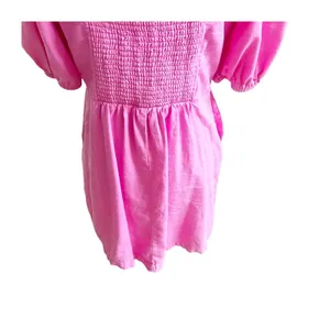 Old Navy Mini Dress Women M Pink Linen Blend Puff Sleeve Button Front Barbiecore thumbnail 8
