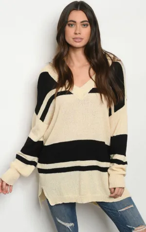 Cream And Black Striped Sweater M thumbnail 1