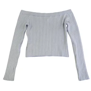 Aerie Off Shoulder Womens Light Blue Ribbed Slim Coquette Softgirl Sweater Large thumbnail 2