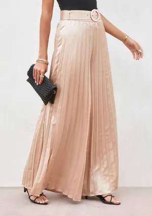 VICI NWT Flying Tomato True Elegance Satin Pleated Belted Wide Leg Pants in light taupe. Size Large thumbnail 5