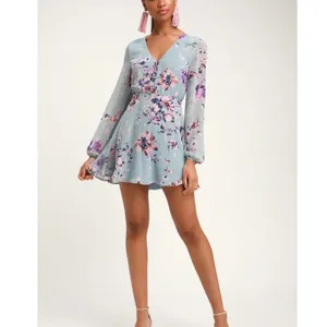 Lulus Always Yours Light Blue Floral Print Long Sleeve‎ Skater Dress SMALL thumbnail 3