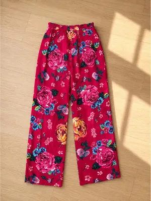 Pink Floral Wide Leg Pants Elastic Waist Tropical Lounge Resort Pants thumbnail 2