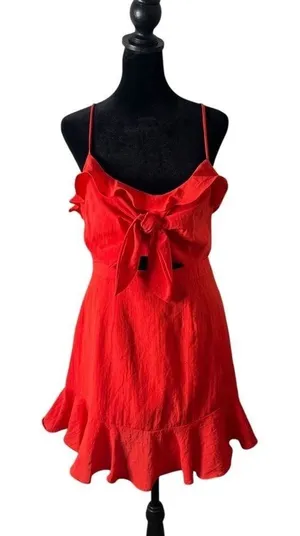 Red Ruffle Mini Dress Cutout Tie Front Size M Party Flirty Bachelorette Cocktail thumbnail 1