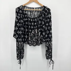 Free People Washed‎ Black Dazed Print Cropped Tie Sleeve Boho Blouse Top Small thumbnail 2