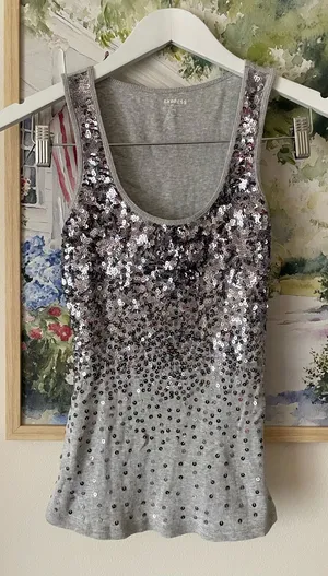 Express Sequin Ombre Ribbed Tank Top Heather Gray XS McBling Y2K Style thumbnail 1