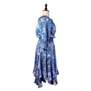 Tahari New Smocked Dress Asymmetrical Ruffle Hem Blue Paisley NWT Women Size 16 thumbnail 5