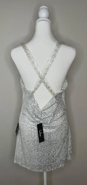 Silver Sequin Cowl Neck Mini Dress Sz M thumbnail 8
