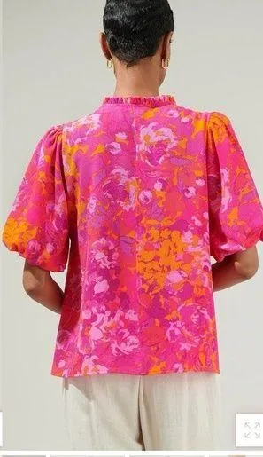 Sugarlips Flirty Floral Split Neck Blouse Top Womens Size Medium Orange Pink NEW thumbnail 2