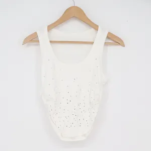 SHEIN White Rhinestone Ribbed Cropped Tank Top Scoop Neck Ruched Sides sz M thumbnail 2