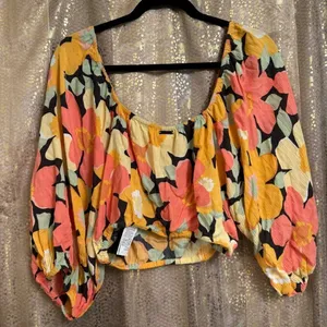 Billabong Yellow Orange Pink Floral Sun City Puff‎ Sleeve Crop Blouse Large thumbnail 2