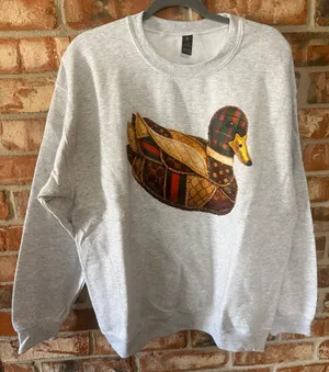 Gildan Light Gray Crewneck Sweatshirt with Boujee Patchwork Duck Motif thumbnail 1