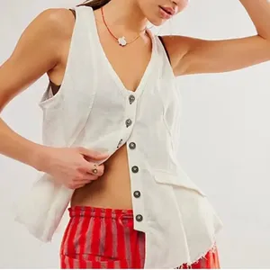 Free People Laruso Linen Preppy Pocket Resortwear Coastal Beach Vacation Vest S thumbnail 1