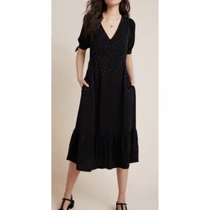 Anthropologie Maeve‎ Eudora Midi Dress in Black Swiss Dot Print Size 12 Sheer thumbnail 2