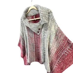 Free People Willow Poncho‎ Womens S Red Gray Knit Turtleneck Oversized Cozy Boho thumbnail 3