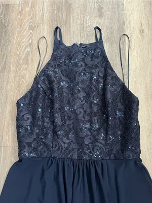 Morgan & Co Navy Lace Sequin Halter Maxi Gown Prom Evening Formal Dress Junior 7 thumbnail 6