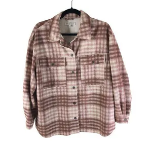 Workshop Republic Womens Faux Suede Shacket Snap Button Plaid Brown M thumbnail 1