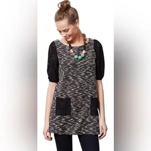 Anthropologie Postmark Black White Textured Tweed Knit Tunic Dress Lace‎ Size S thumbnail 3