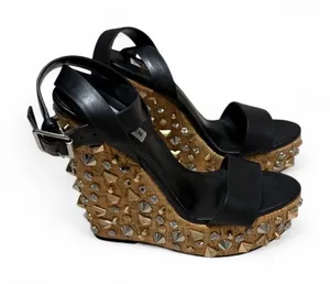 Steven Madden Black Leather Studded Wedge Sandals with Tan Wrapped Platform … thumbnail 1