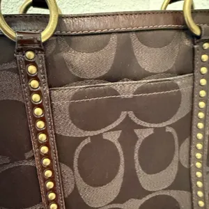 COACH Gallery Metallic Dark Chocolate Bronze Jacquard Signature Studded Tote thumbnail 4