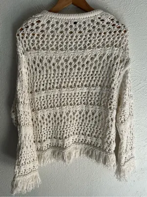 ZARA Cream Crochet Open Knit Fringe Hoodie Sweater Granola Gritty Boho Medium thumbnail 4