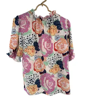 entro Floral Print Blouse S polka dots ruffle colorful boho casual office modest thumbnail 1