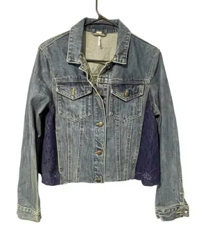 Free People Womens Size Small Lace Panel Denim Jean Jacket‎ thumbnail 1