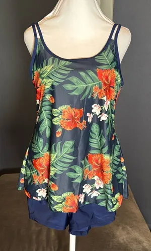 Women’s Navy Floral Tankini Two Piece Swimsuit Boy Short Bottom Size L (US8) NEW thumbnail 1