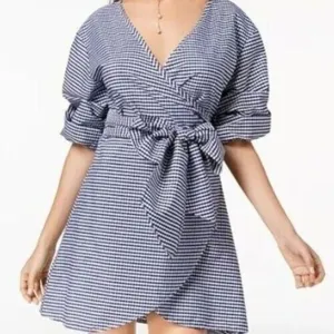 The Edit by Seventeen Juniors M Blue White Gingham Wrap Dress Puff Sleeve NWT thumbnail 2