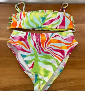 Love 83‎ Swim Neon Rainbow Zebra Bikini Set High Waist Bandeau Medium thumbnail 1