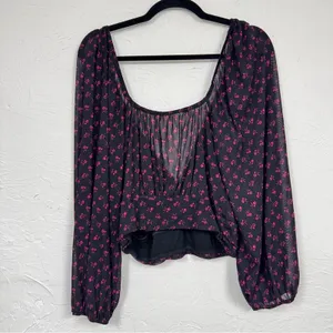 Free People Black Purple Floral Twist Front Blouse Womens M Boho Sheer Sleeve thumbnail 4