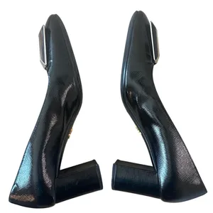Prada Saffiano Vernice Square Toe Buckle Block Heel Pumps Black EU 38 US 8 thumbnail 7