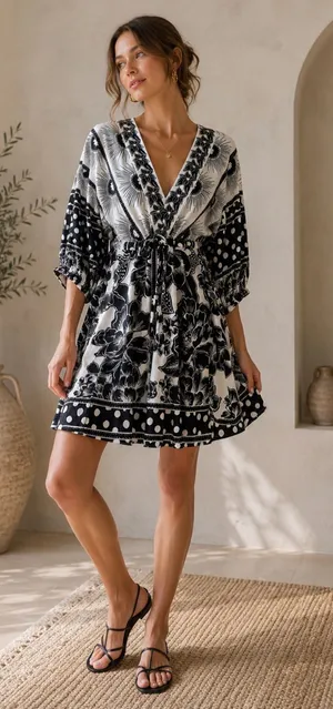 Farm Rio Black White Printed Puff Sleeve Mini Dress Small Boho Floral Resort thumbnail 1