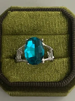 Silver Ring with Teal Blue Oval Gemstone - Women's Fashion Ring Size 8 thumbnail 1