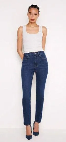 Good American Good Classic Skinnyish Fit Raw Hem Blue Hi-Rise Jeans Sz 6/28 thumbnail 1