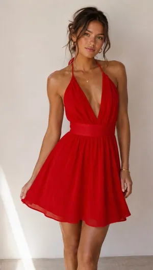 Nymphe Los Angeles Red Halter Mini Dress, Medium thumbnail 1