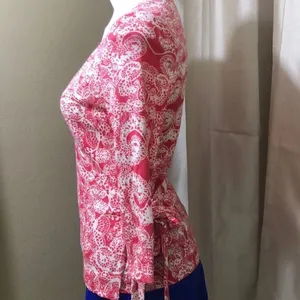 Ann Taylor wraparound 3/4 sleeve coral sweater thumbnail 3