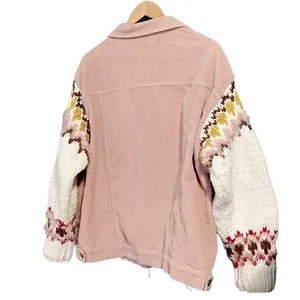 POL Jacket Sz Large Pink Corduroy Fair Isle Sweater Knit Sleeve Boho Trucker thumbnail 4