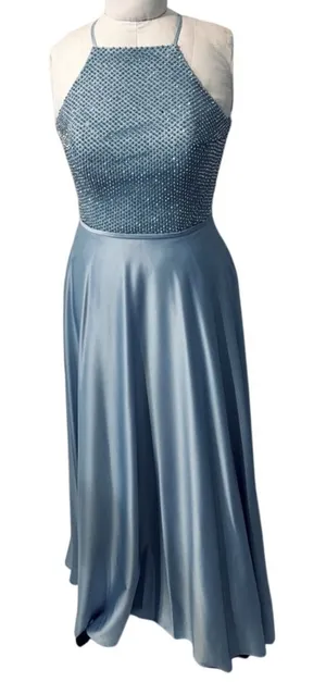 La Femme Light Blue Beaded High Neck Cut Out Satin A-Line Formal Prom Dress 4 thumbnail 1