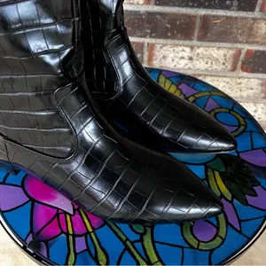 Tall Boots Women 8.5 Black Croc Embossed Pointed Toe‎ Knee High Low Heel NWOT thumbnail 5