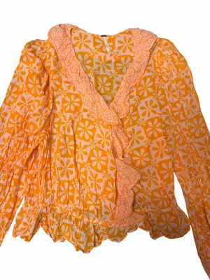 Free People 70s Retro Orange Pink Floral Ruffle Wrap Blouse Boho Peplum Top L thumbnail 3