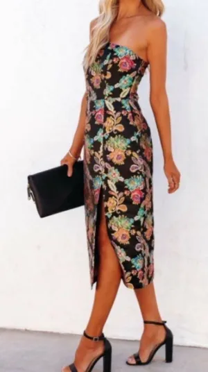 LULUS x OLIA Sexy Wedding Special Event Cocktail Strapless Floral Jaquard Midi thumbnail 1