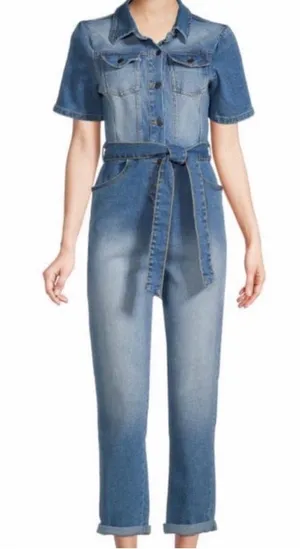 Avec Les Filles Women’s Blue Denim Short-Sleeve Tie-Waist Jumpsuit Size 30 thumbnail 1