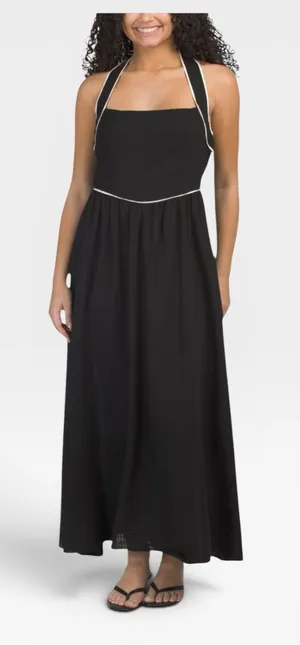 White Closet Black White Linen Blend Halter Neck Maxi Dress Small NWT thumbnail 1
