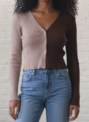 Garage Women’s Button Down Knit Crop Top in Beige & Brown, Small thumbnail 1