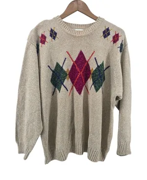 Elisabeth Sweater Womens 1 Argyle Tan Cotton Ramie Knit EUC thumbnail 1