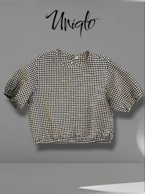 Uniqlo Black White Gingham Checkered Puff Short Sleeve Blouse Top Sz S thumbnail 7