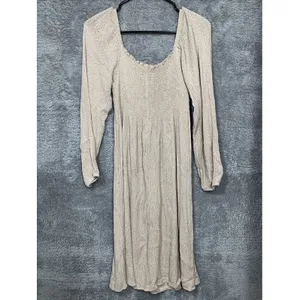 NLT Smocked Midi Dress WomensMedium Tan Polka Dot Square Neck Long Sleeve ND7263 thumbnail 6