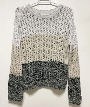 One Grey Day Tan Gray Stripped Bell Sleeve Knitted Sweater thumbnail 1