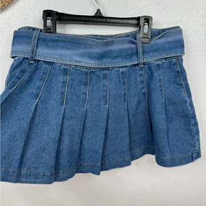 Sincerely Jules Skirt Womens XL Blue Pleated Denim Micro Mini Built-In Belt thumbnail 5