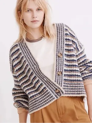 Madewell Waller Stripe Crop Cardigan Sweater Size XS Chunky Wool Blend Knit thumbnail 9